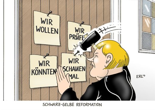 Cartoon: Reformation (medium) by Erl tagged reformation,schwarz,gelb,cdu,csu,fdp,vage,absichtserklärungen,luther,thesenanschlag,reformation,schwarz,gelb,cdu,csu,fdp,vage,luther,thesenanschlag