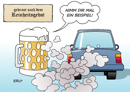 Cartoon: Reinheitsgebot (medium) by Erl tagged reinheitsgebot,bier,brauen,brauerei,gerste,hopfen,wasser,auto,abgasskandal,vw,volkswagen,audi,mercedes,pirsche,opel,rückruf,schadstoff,abgase,karikatur,erl,reinheitsgebot,bier,brauen,brauerei,gerste,hopfen,wasser,auto,abgasskandal,vw,volkswagen,audi,mercedes,pirsche,opel,rückruf,schadstoff,abgase,karikatur,erl