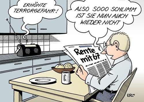 Cartoon: Rente mit 67 (medium) by Erl tagged rente,67,arbeit,beiträge,demografischer,wandel,beitragszahler,rentner,terrorwarnung,terrorgefahr,innenminister,de,maiziere,arbeitsministerin,vo,der,leyen,radio,zeitung,rente,67,arbeit,beiträge,demografischer,wandel,beitragszahler,rentner,terrorwarnung,terrorgefahr,innenminister,arbeitsministerin,maiziere,leyen,radio,zeitung,rentenempfänger,senioren,demografie