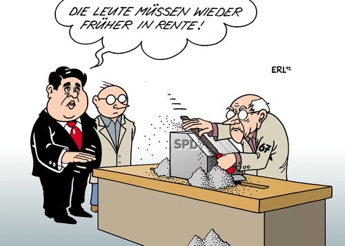 Cartoon: Rente mit 67 (medium) by Erl tagged spd,rente,67,wähler,verlust,abkehr,partei,vorsitz,sigmar,gabriel,umdenken,spd,rente,67,wähler,verlust,abkehr,partei,vorsitz,sigmar,gabriel,umdenken