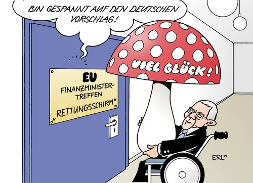 Cartoon: Rettungsschirm (medium) by Erl tagged eu,finanzminister,treffen,euro,krise,rettungsschirm,glückspilz,fliegenpilz,schäuble,vorschlag,eu,finanzminister,treffen,euro,krise,glückspilz,fliegenpilz,schäuble,vorschlag