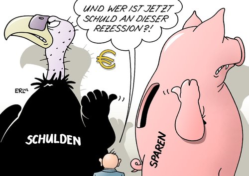 Cartoon: Rezession (medium) by Erl tagged rezession,euro,eurozone,schulden,krise,sparen,sparkurs,kaputtsparen,pleite,pleitegeier,sparschwein,schuld,ursache,rezession,euro,eurozone,schulden,krise,sparen,sparkurs,kaputtsparen,pleite,pleitegeier,sparschwein,schuld,ursache