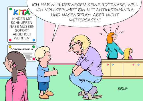 Cartoon: Rotznasen (medium) by Erl tagged politik,gesellschaft,familie,mutter,vater,kind,corona,virus,pandemie,kita,schließung,öffnung,hygiene,regeln,schnupfennase,abholung,betreuung,problem,beruf,karikatur,erl,politik,gesellschaft,familie,mutter,vater,kind,corona,virus,pandemie,kita,schließung,öffnung,hygiene,regeln,schnupfennase,abholung,betreuung,problem,beruf,karikatur,erl