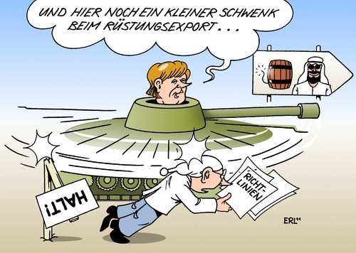 Cartoon: Rüstung (medium) by Erl tagged merkel,angela,bundeskanzlerin,regierung,schwarz,gelb,cdu,csu,fdp,rüstung,export,rüstungsexport,krisengebiet,saudi,arabien,richtlinien,wende,kehrtwende,panzer,angela merkel,bundeskanzlerin,regierung,fdp,rüstung,export,rüstungsexport,krisengebiet,angela,merkel