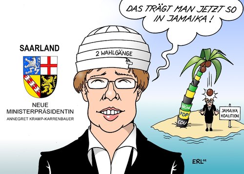 Cartoon: Saarland (medium) by Erl tagged saarland,ministerpräsidentin,ministerpräsident,wechsel,peter,müller,annegret,kramp,karrenbauer,cdu,jamaika,koalition,fdp,grüne,zwei,wahlgang,abweichler,dämpfer,landtag,saarbrücken,saarland,ministerpräsidentin,ministerpräsident,wechsel,peter müller,cdu,jamaika,koalition,karrenbauer,annegret kramp,grüne,fdp,wahlgang,abweichler,saarbrücken,peter,müller,annegret,kramp