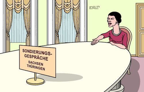 Cartoon: Sahras Tisch (medium) by Erl tagged politik,wahl,thüringen,sachsen,gespräche,wagenknecht,bsw,putin,tisch,karikatur,erl,politik,wahl,thüringen,sachsen,gespräche,wagenknecht,bsw,putin,tisch,karikatur,erl