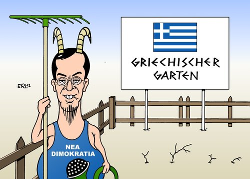 Cartoon: Samaras (medium) by Erl tagged griechenland,wahl,sieger,nea,dimokratia,antonis,samaras,bock,zum,gärtner,schulden,korruption,euro,krise,sparkurs,spardiktat,partei,garten,griechenland,wahl,sieger,dimokratia,antonis,samaras,krise,euro