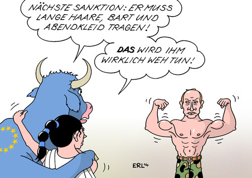 Cartoon: Sanktionen (medium) by Erl tagged ukraine,konflikt,bürgerkrieg,kiew,separatisten,ostukraine,referendum,unabhängigkeit,russland,putin,eu,europa,stier,sanktionen,conchita,wurst,esc,haare,bart,abendkleid,homosexualität,travestie,ukraine,konflikt,bürgerkrieg,kiew,separatisten,ostukraine,referendum,unabhängigkeit,russland,putin,eu,europa,stier,sanktionen,conchita,wurst,esc,haare,bart,abendkleid,homosexualität,travestie