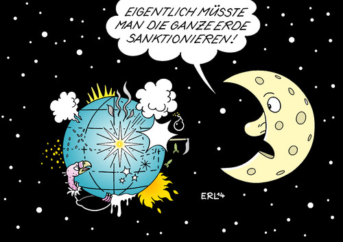 Cartoon: Sanktionen (medium) by Erl tagged erde,krieg,geldgier,macht,hass,zerstörung,gewalt,waffen,bankrott,pleite,pleitegeier,klimawandel,polareis,schmelze,ukraine,konflikt,sanktionen,eu,usa,russland,mond,weltall,sterne,sanktionen