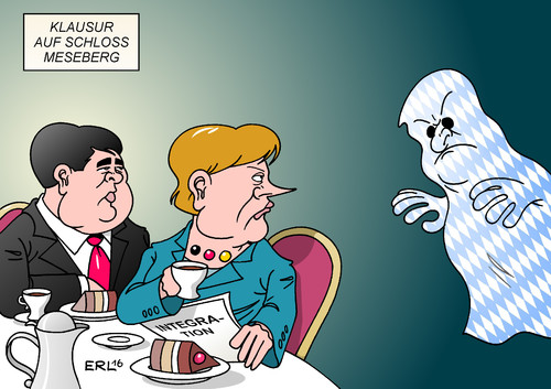 Cartoon: Schloss Meseberg (medium) by Erl tagged klausur,kabinett,bundesregierung,schloss,meseberg,bundeskanzlerin,angela,merkel,cdu,minister,wirtschaftsminister,vizekanzler,sigmar,gabriel,spd,gespenst,sclossgespenst,horst,seehofer,csu,ministerpräsident,bayern,integration,gesetz,kritik,flüchtlingspolitik,karikatur,erl,klausur,kabinett,bundesregierung,schloss,meseberg,bundeskanzlerin,angela,merkel,cdu,minister,wirtschaftsminister,vizekanzler,sigmar,gabriel,spd,gespenst,sclossgespenst,horst,seehofer,csu,ministerpräsident,bayern,integration,gesetz,kritik,flüchtlingspolitik,karikatur,erl