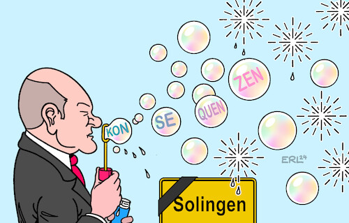 Cartoon: Scholz in Solingen (medium) by Erl tagged politik,terror,terrorismus,islamismus,solingen,anschlag,terroranschlag,messer,angst,schrecken,unsicherheit,misstrauen,flüchtlinge,migration,asyl,asylpolitik,wählerstimmen,afd,wahlen,landtagswahlen,thüringen,sachsen,brandenburg,niederlage,ampel,spd,grüne,fdp,bundeskanzler,olaf,scholz,ankündigung,konsequenzen,seifenblasen,karikatur,erl,politik,terror,terrorismus,islamismus,solingen,anschlag,terroranschlag,messer,angst,schrecken,unsicherheit,misstrauen,flüchtlinge,migration,asyl,asylpolitik,wählerstimmen,afd,wahlen,landtagswahlen,thüringen,sachsen,brandenburg,niederlage,ampel,spd,grüne,fdp,bundeskanzler,olaf,scholz,ankündigung,konsequenzen,seifenblasen,karikatur,erl