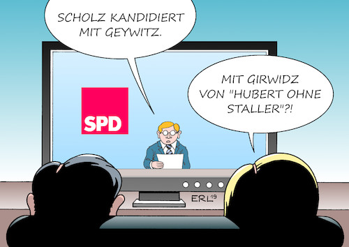 Cartoon: Scholz mit Geywitz II (medium) by Erl tagged politik,partei,spd,suche,vorsitz,doppelspitze,kandidat,finanzminister,olaf,scholz,steif,humorlos,partnerin,kandidatin,klara,geywitz,fernsehen,serie,krimi,hubert,ohne,staller,polizist,girwidz,karikatur,erl,politik,partei,spd,suche,vorsitz,doppelspitze,kandidat,finanzminister,olaf,scholz,steif,humorlos,partnerin,kandidatin,klara,geywitz,fernsehen,serie,krimi,hubert,ohne,staller,polizist,girwidz,karikatur,erl