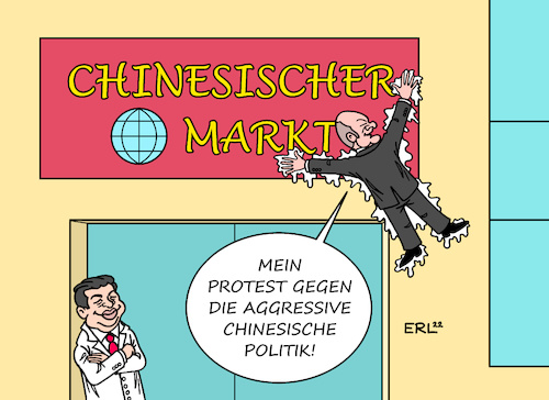 Cartoon: Scholz Protest (medium) by Erl tagged politik,bundeskanzler,olaf,scholz,besuch,reise,china,wirtschaft,abhängigkeit,kritik,menschenrechte,aggression,taiwan,protest,klimaschutz,bewegung,ankleben,sekundenkleber,markt,xi,jinping,karikatur,erl,politik,bundeskanzler,olaf,scholz,besuch,reise,china,wirtschaft,abhängigkeit,kritik,menschenrechte,aggression,taiwan,protest,klimaschutz,bewegung,ankleben,sekundenkleber,markt,xi,jinping,karikatur,erl