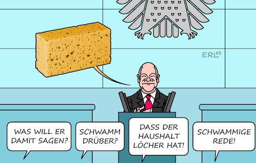 Cartoon: Scholz Rede (medium) by Erl tagged politik,bundesregierung,ampel,spd,grüne,fdp,haushalt,umgehung,schuldenbremse,verfassungswidrig,urteil,karlsruhe,milliardenloch,bundeskanzler,olaf,scholz,rede,bundestag,schwammig,schwamm,löcher,karikatur,erl,politik,bundesregierung,ampel,spd,grüne,fdp,haushalt,umgehung,schuldenbremse,verfassungswidrig,urteil,karlsruhe,milliardenloch,bundeskanzler,olaf,scholz,rede,bundestag,schwammig,schwamm,löcher,karikatur,erl