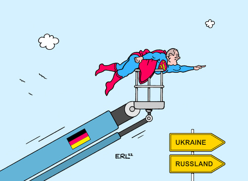 Cartoon: Scholz Ukraine Russland (medium) by Erl tagged politik,konflikt,russland,ukraine,westen,usa,eu,nato,deutschland,bundeskanzler,olaf,scholz,besuch,präsident,wolodymyr,selenskyj,wladimir,putin,superman,hebebühne,diplomatie,karikatur,erl,politik,konflikt,russland,ukraine,westen,usa,eu,nato,deutschland,bundeskanzler,olaf,scholz,besuch,präsident,wolodymyr,selenskyj,wladimir,putin,superman,hebebühne,diplomatie,karikatur,erl