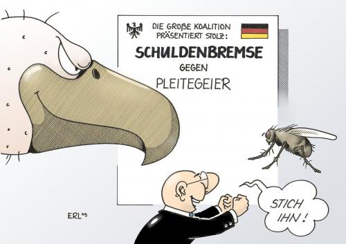 Cartoon: Schuldenbremse (medium) by Erl tagged schulden,bremse,begrenzung,pleite,geier,politik,große,koalition,stechen,stich,schulden,bremse,begrenzung,pleite,geier,politik,große koalition,stechen,stich,geld,finanzen,wirtschaftskrise,finanzkrise,mücke,große,koalition