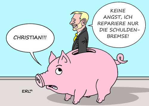 Cartoon: Schuldenbremse (medium) by Erl tagged politik,finanzen,schulden,corona,pandemie,krieg,russland,ukraine,ausrüstung,bundeswehr,finanzminister,christian,lindner,haushalt,einhaltung,schuldenbremse,sparschwein,erl,politik,finanzen,schulden,corona,pandemie,krieg,russland,ukraine,ausrüstung,bundeswehr,finanzminister,christian,lindner,haushalt,einhaltung,schuldenbremse,sparschwein,erl