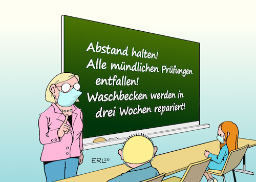 Cartoon: Schulkonzept (medium) by Erl tagged politik,corona,pandemie,virus,schule,öffnung,konzept,mundschutz,abstand,hygiene,sanitäranlagen,waschbecken,kaputtsparen,lehrerin,schüler,schülerin,unterricht,karikatur,erl,politik,corona,pandemie,virus,schule,öffnung,konzept,mundschutz,abstand,hygiene,sanitäranlagen,waschbecken,kaputtsparen,lehrerin,schüler,schülerin,unterricht,karikatur,erl