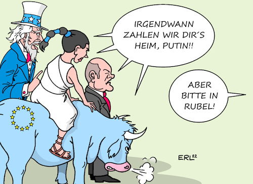 Cartoon: Schulterschluss (medium) by Erl tagged politik,krieg,angriff,überfall,wladimir,putin,russland,ukraine,reaktion,usa,eu,sanktionen,gegenreaktion,öl,gas,lieferungen,bezahlung,rubel,uncle,sam,europa,stier,bundeskanzler,olaf,scholz,deutschland,karikatur,erl,politik,krieg,angriff,überfall,wladimir,putin,russland,ukraine,reaktion,usa,eu,sanktionen,gegenreaktion,öl,gas,lieferungen,bezahlung,rubel,uncle,sam,europa,stier,bundeskanzler,olaf,scholz,deutschland,karikatur,erl