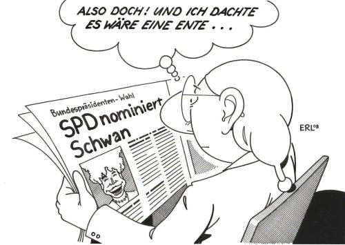 Cartoon: Schwan (medium) by Erl tagged bundespräsident,kandidatin,spd,gesine,schwan,bundespräsident,kandidatin,spd,gesine,schwan,ente,michel,wahl,wähler,partei,gesine schwan