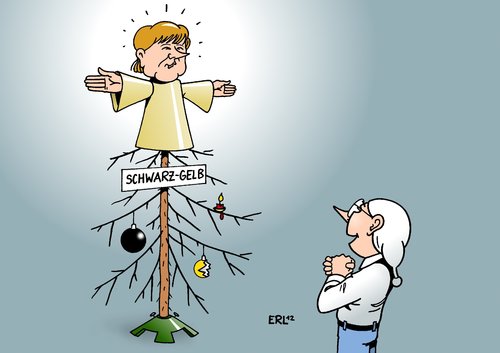 Cartoon: Schwarz-gelber Engel (medium) by Erl tagged bundeskanzlerin,angela,merkel,umfragewerte,beliebtheit,regierung,koalition,schwarz,gelb,cdu,csu,fdp,bilanz,schlecht,weihnachten,weihnachtsbaum,christbaum,weihnachtsengel,engel,jahresendflügelpuppe,bundeskanzlerin,angela,merkel,umfragewerte,beliebtheit,regierung,koalition,schwarz,gelb,cdu,csu,fdp,bilanz,schlecht,weihnachten,weihnachtsbaum,christbaum,weihnachtsengel,engel,jahresendflügelpuppe