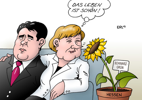 Cartoon: Schwarz-Grün in Hessen (medium) by Erl tagged angela,merkel,bundeskanzlerin,wiederwahl,bundestag,vizekanzler,sigmar,gabriel,koalition,cdu,csu,spd,große,groko,schwarz,rot,hessen,grün,die,grünen,alternative,sonnenblume,riechen,duft,leben,schön,karikatur,erl,angela,merkel,bundeskanzlerin,wiederwahl,bundestag,vizekanzler,sigmar,gabriel,koalition,cdu,csu,spd,große,groko,schwarz,rot,hessen,grün,die,grünen,alternative,sonnenblume,riechen,duft,leben,schön