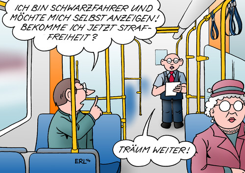 Cartoon: Schwarzfahren (medium) by Erl tagged schwarzfahren,schwarzgeld,steuerhinterziehung,selbstanzeige,straffreiheit,betrug,kriminalität,recht,finanzen,finanzamt,steuerfahnder,kontrolleur,bahn,karikatur,erl,schwarzfahren,schwarzgeld,steuerhinterziehung,selbstanzeige,straffreiheit,betrug,kriminalität,recht,finanzen,finanzamt,steuerfahnder,kontrolleur,bahn