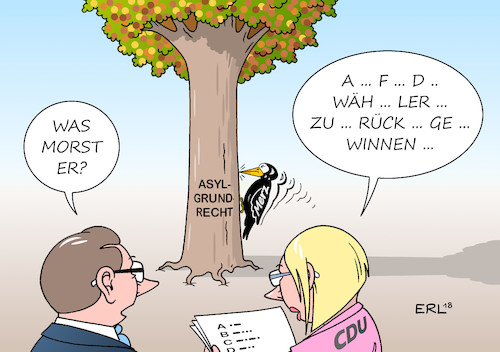 Cartoon: Schwarzspecht (medium) by Erl tagged politik,bundeskanzlerin,angela,merkel,cdu,rückzug,parteivorsitz,nachfolge,kandidaten,annegret,kramp,karrenbauer,jens,spahn,friedrich,merz,liebäugeln,afd,rechtspopulismus,abschaffung,asyl,asylrecht,grundgesetz,migration,specht,baum,karikatur,erl,politik,bundeskanzlerin,angela,merkel,cdu,rückzug,parteivorsitz,nachfolge,kandidaten,annegret,kramp,karrenbauer,jens,spahn,friedrich,merz,liebäugeln,afd,rechtspopulismus,abschaffung,asyl,asylrecht,grundgesetz,migration,specht,baum,karikatur,erl