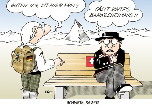 Cartoon: Schweiz sauer (medium) by Erl tagged schweiz,deutschland,steuersünder,cd,kauf,bankgeheimnis,deutsche,unbeliebt,schweiz,deutschland,steuersünder,cd,kauf,bankgeheimnis,deutsche,unbeliebt,steuern,banken,bank