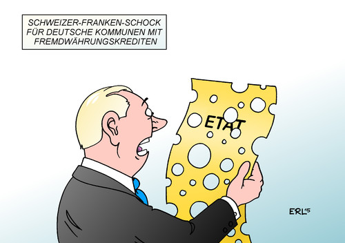 Cartoon: Schweizer-Franken-Schock (medium) by Erl tagged schweiz,schweizer,notenbank,aufgabe,franken,mindestkurs,euro,fall,abwertung,deutschland,kommunen,kredit,fremdwährungskredit,etat,löcher,käse,haushaltsloch,haushalt,loch,karikatur,erl,schweiz,schweizer,notenbank,aufgabe,franken,mindestkurs,euro,fall,abwertung,deutschland,kommunen,kredit,fremdwährungskredit,etat,löcher,käse,haushaltsloch,haushalt,loch