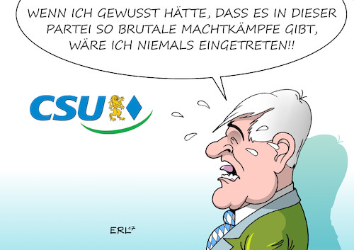 Cartoon: Seehofer (medium) by Erl tagged csu,bundestagswahl,verluste,kritik,vorsitzender,ministerpräsident,bayern,horst,seehofer,kurs,zickzackkurs,flüchtlingspolitik,bundeskanzlerin,angela,merkel,distanz,unterstützung,wahlkampf,basis,forderung,rücktritt,junge,union,lob,kronprinz,markus,söder,nachfolge,streit,machtkampf,vorsitz,joachim,herrmann,manfred,weber,ilse,aigner,karikatur,erl,csu,bundestagswahl,verluste,kritik,vorsitzender,ministerpräsident,bayern,horst,seehofer,kurs,zickzackkurs,flüchtlingspolitik,bundeskanzlerin,angela,merkel,distanz,unterstützung,wahlkampf,basis,forderung,rücktritt,junge,union,lob,kronprinz,markus,söder,nachfolge,streit,machtkampf,vorsitz,joachim,herrmann,manfred,weber,ilse,aigner,karikatur,erl