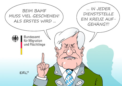 Cartoon: Seehofer BAMF (medium) by Erl tagged politik,bundesamt,für,migration,und,flüchtlinge,bamf,dienststelle,bremen,leiterin,asylanträge,asylbescheide,unrechtmäßig,rechtswidrig,regelwidrig,aufklärung,innenminister,horst,seehofer,csu,bayern,ministerpräsident,markus,söder,kreuzerlass,kreuz,staat,behörden,christlich,kultur,flüchtlingspolitik,karikatur,erl,politik,bundesamt,für,migration,und,flüchtlinge,bamf,dienststelle,bremen,leiterin,asylanträge,asylbescheide,unrechtmäßig,rechtswidrig,regelwidrig,aufklärung,innenminister,horst,seehofer,csu,bayern,ministerpräsident,markus,söder,kreuzerlass,kreuz,staat,behörden,christlich,kultur,flüchtlingspolitik,karikatur,erl