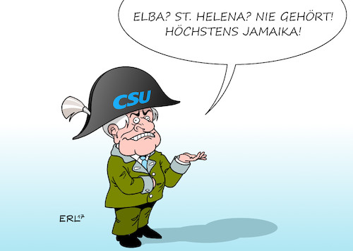 Cartoon: Seehofer II (medium) by Erl tagged csu,ministerpräsident,bayern,horst,seehofer,bundestagswahl,verluste,stimmenverluste,einbruch,zickzackkurs,flüchtlingspolitik,streit,cdu,bundeskanzlerin,angela,merkel,obergrenze,basis,forderungen,rücktritt,nachfolger,markus,söder,napoleon,bonaparte,verbannung,elba,st,helena,berlin,koalitionsverhandlungen,jamaika,fdp,die,grünen,karikatur,erl,csu,ministerpräsident,bayern,horst,seehofer,bundestagswahl,verluste,stimmenverluste,einbruch,zickzackkurs,flüchtlingspolitik,streit,cdu,bundeskanzlerin,angela,merkel,obergrenze,basis,forderungen,rücktritt,nachfolger,markus,söder,napoleon,bonaparte,verbannung,elba,st,helena,berlin,koalitionsverhandlungen,jamaika,fdp,die,grünen,karikatur,erl