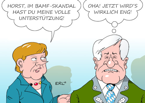 Cartoon: Seehofer Merkel (medium) by Erl tagged politik,flüchtlingspolitik,bundesamt,für,migration,und,flüchtlinge,bamf,dienststelle,außenstelle,bremen,leiterin,asylanträge,asylbescheide,unrechtmässig,rechtswidrig,regelwidrig,aufklärung,innenminister,horst,seehofer,csu,volle,unterstützung,bundeskanzlerin,angela,merkel,cdu,schlechtes,zeichen,karikatur,erl,politik,flüchtlingspolitik,bundesamt,für,migration,und,flüchtlinge,bamf,dienststelle,außenstelle,bremen,leiterin,asylanträge,asylbescheide,unrechtmässig,rechtswidrig,regelwidrig,aufklärung,innenminister,horst,seehofer,csu,volle,unterstützung,bundeskanzlerin,angela,merkel,cdu,schlechtes,zeichen,karikatur,erl