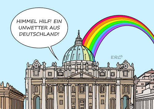 Cartoon: Segnung für Homosexuelle (medium) by Erl tagged politik,religion,glaube,katholische,kirche,reformbewegung,deutschland,synodaler,weg,beschluss,erlaubnis,segnung,segnungsfeiern,homosexuelle,paare,verbot,vatikan,papst,franziskus,petersdom,unwetter,regenbogen,karikatur,erl,politik,religion,glaube,katholische,kirche,reformbewegung,deutschland,synodaler,weg,beschluss,erlaubnis,segnung,segnungsfeiern,homosexuelle,paare,verbot,vatikan,papst,franziskus,petersdom,unwetter,regenbogen,karikatur,erl