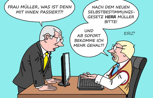 Cartoon: Selbstbestimmungsrecht (medium) by Erl tagged politik,bundestag,beschluss,gesetzt,selbstbestimmungsgesetz,selbstbestimmung,geschlecht,vereinfachung,standesamt,frau,mann,divers,männlich,weiblich,gleichberechtigung,gender,pay,gap,büro,angestellter,angestellte,chefin,chef,karikatur,erl,politik,bundestag,beschluss,gesetzt,selbstbestimmungsgesetz,selbstbestimmung,geschlecht,vereinfachung,standesamt,frau,mann,divers,männlich,weiblich,gleichberechtigung,gender,pay,gap,büro,angestellter,angestellte,chefin,chef,karikatur,erl