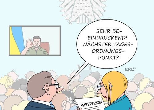 Cartoon: Selenskyj im Bundestag (medium) by Erl tagged politik,krieg,angriff,überfall,wladimir,putin,russland,ukraine,präsident,wolodymyr,selenskyj,video,rede,bundestag,bitte,hilfe,kritik,geschichte,übergang,tagesordnung,tagesordnungspunkt,impfpflicht,corona,virus,pandemie,covid19,karikatur,erl,politik,krieg,angriff,überfall,wladimir,putin,russland,ukraine,präsident,wolodymyr,selenskyj,video,rede,bundestag,bitte,hilfe,kritik,geschichte,übergang,tagesordnung,tagesordnungspunkt,impfpflicht,corona,virus,pandemie,covid19,karikatur,erl