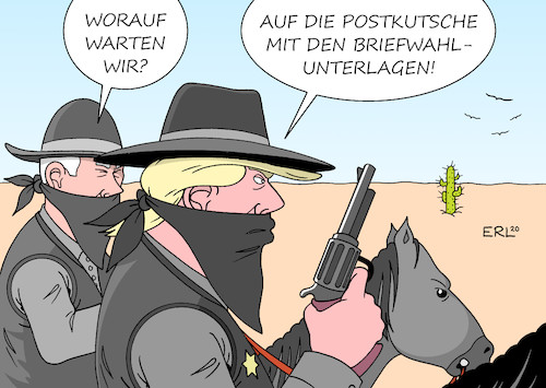 Cartoon: Sheriff Trump (medium) by Erl tagged politik,usa,wahl,präsidentschaftswahl,herausforderer,biden,harris,präsident,donald,trump,versagen,corona,virus,pandemie,covid19,briefwahl,vorteil,demokraten,diskreditierung,schwächung,post,kürzung,geld,wilder,westen,wild,west,banditen,überfall,postkutsche,karikatur,erl,politik,usa,wahl,präsidentschaftswahl,herausforderer,biden,harris,präsident,donald,trump,versagen,corona,virus,pandemie,covid19,briefwahl,vorteil,demokraten,diskreditierung,schwächung,post,kürzung,geld,wilder,westen,wild,west,banditen,überfall,postkutsche,karikatur,erl