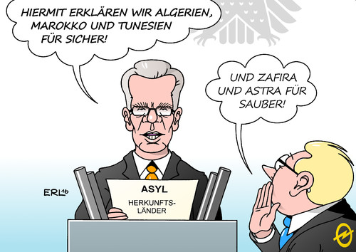 Cartoon: sicher und sauber (medium) by Erl tagged asyl,debatte,bundestag,innenminister,de,maiziere,sicher,herkunftsländer,algerien,marokko,tunesien,abgasskandal,vw,opel,zafira,astra,diesel,werte,manipulation,software,karikatur,erl,asyl,debatte,bundestag,innenminister,de,maiziere,sicher,herkunftsländer,algerien,marokko,tunesien,abgasskandal,vw,opel,zafira,astra,diesel,werte,manipulation,software,karikatur,erl