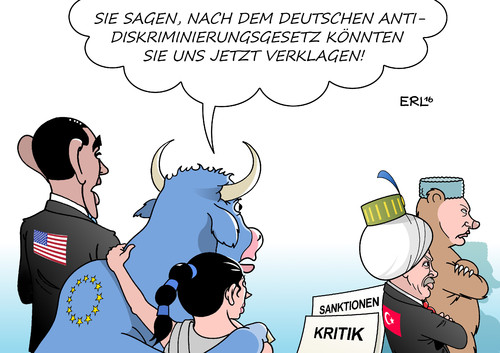 Cartoon: Antidiskriminierungsgesetz (medium) by Erl tagged erl,karikatur,jahre,zehn,10,deutschland,antidiskriminierungsgesetz,diskriminierung,bär,sultan,stier,europa,obama,krim,annexion,sanktionen,putin,russland,besuch,westen,usa,eu,kritik,verhaftung,säuberung,erdogan,präsident,militärputsch,türkei,türkei,militärputsch,präsident,erdogan,säuberung,verhaftung,kritik,eu,usa,westen,besuch,russland,putin,sanktionen,annexion,krim,obama,europa,stier,sultan,bär,diskriminierung,antidiskriminierungsgesetz,deutschland,10,zehn,jahre,karikatur,erl