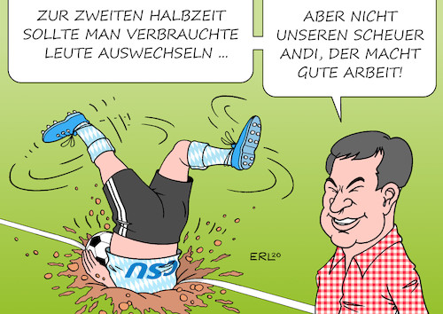 Cartoon: Söder (medium) by Erl tagged politik,groko,markus,söder,ministerpräsident,bayern,vergleich,fußball,halbzeit,auswechslung,verbraucht,frisch,minister,verkehrsminister,andreas,scheuer,pkw,maut,desaster,untersuchungsausschuss,karikatur,erl,politik,groko,markus,söder,ministerpräsident,bayern,vergleich,fußball,halbzeit,auswechslung,verbraucht,frisch,minister,verkehrsminister,andreas,scheuer,pkw,maut,desaster,untersuchungsausschuss,karikatur,erl