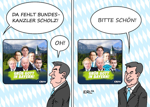 Cartoon: Söder kanns nicht lassen (medium) by Erl tagged politik,g7,gipfel,elmau,bayern,usa,großbritannien,frankreich,japan,kanada,italien,deutschland,ministerpräsident,markus,söder,csu,begrüßung,social,media,ignorieren,bundeskanzler,olaf,scholz,schlumpf,grinsen,karikatur,erl,politik,g7,gipfel,elmau,bayern,usa,großbritannien,frankreich,japan,kanada,italien,deutschland,ministerpräsident,markus,söder,csu,begrüßung,social,media,ignorieren,bundeskanzler,olaf,scholz,schlumpf,grinsen,karikatur,erl