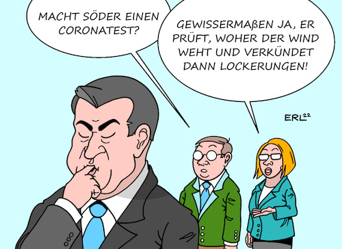 Cartoon: Söders Coronatest (medium) by Erl tagged politik,corona,virus,pandemie,welle,omikron,fallzahlen,inzidenz,rekord,trend,lockerungen,bayern,ministerpräsident,markus,söder,finger,spucke,wind,coronatest,karikatur,erl,politik,corona,virus,pandemie,welle,omikron,fallzahlen,inzidenz,rekord,trend,lockerungen,bayern,ministerpräsident,markus,söder,finger,spucke,wind,coronatest,karikatur,erl