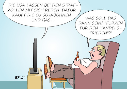 Cartoon: Sojabohnen (medium) by Erl tagged politik,usa,präsident,donald,trump,rechtspopulismus,wirtschaftspolitik,wirtschaft,nationalismus,abschottung,strafzölle,handel,welthandel,freihandel,einschränkung,america,first,gefahr,handelskrieg,eu,europa,besuch,kommissionspräsident,jean,claude,juncker,einigung,verhandlungen,kauf,sojabohnen,gas,furz,frieden,karikatur,erl,politik,usa,präsident,donald,trump,rechtspopulismus,wirtschaftspolitik,wirtschaft,nationalismus,abschottung,strafzölle,handel,welthandel,freihandel,einschränkung,america,first,gefahr,handelskrieg,eu,europa,besuch,kommissionspräsident,jean,claude,juncker,einigung,verhandlungen,kauf,sojabohnen,gas,furz,frieden,karikatur,erl