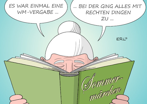 Cartoon: Sommermärchen (medium) by Erl tagged politik,sport,moral,fußball,weltmeisterschaft,fußballweltmeisterschaft,wm,2006,deutschland,sommermärchen,vergabe,verdacht,korruption,schmiergeld,gekauft,anklage,niersbach,zwanziger,beckenbauer,märchenbuch,märchen,großmutter,oma,karikatur,erl,politik,sport,moral,fußball,weltmeisterschaft,fußballweltmeisterschaft,wm,2006,deutschland,sommermärchen,vergabe,verdacht,korruption,schmiergeld,gekauft,anklage,niersbach,zwanziger,beckenbauer,märchenbuch,märchen,großmutter,oma,karikatur,erl