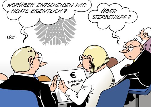 Cartoon: Spanien-Hilfe (medium) by Erl tagged bundesadler,karnkheit,sterbehilfe,beschluss,abstimmung,bundestag,rettungsschirm,euro,blase,kredit,immobilien,rettung,banken,spanien,spanien,banken,rettung,immobilien,kredit