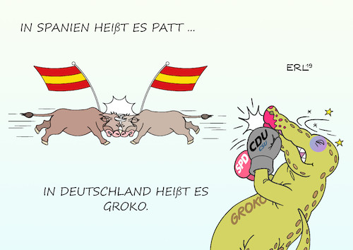 Cartoon: Spanien Deutschland (medium) by Erl tagged politik,spanien,wahl,neuwahl,patt,lähmung,deutschland,groko,große,koalition,cdu,csu,spd,krise,demokratie,rechtspopulismus,stier,stierkampf,krokodil,boxkampf,boxen,karikatur,erl,politik,spanien,wahl,neuwahl,patt,lähmung,deutschland,groko,große,koalition,cdu,csu,spd,krise,demokratie,rechtspopulismus,stier,stierkampf,krokodil,boxkampf,boxen,karikatur,erl