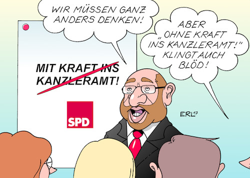 Cartoon: SPD-Strategie (medium) by Erl tagged wahl,landtagswahl,nrw,nordrhein,westfalen,sieg,cdu,armin,laschet,niederlage,spd,ministerpräsidentin,hannelore,kraft,signal,bundestagswahl,2017,bundeskanzlerin,angela,merkel,amtsbonus,herausforderer,kanzlerkandidat,martin,schulz,knzleramt,wahlkampf,strategie,änderung,denken,karikatur,erl,wahl,landtagswahl,nrw,nordrhein,westfalen,sieg,cdu,armin,laschet,niederlage,spd,ministerpräsidentin,hannelore,kraft,signal,bundestagswahl,2017,bundeskanzlerin,angela,merkel,amtsbonus,herausforderer,kanzlerkandidat,martin,schulz,knzleramt,wahlkampf,strategie,änderung,denken,karikatur,erl