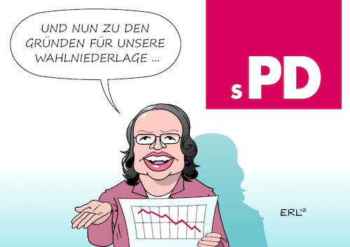 Cartoon: SPD Analyse (medium) by Erl tagged politik,spd,bundestagswahl,niederlage,analyse,gründe,kanzlerkandidatur,zeitpunkt,soziale,gerechtigkeit,soziales,andrea,nahles,karikatur,erl,politik,spd,bundestagswahl,niederlage,analyse,gründe,kanzlerkandidatur,zeitpunkt,soziale,gerechtigkeit,soziales,andrea,nahles,karikatur,erl