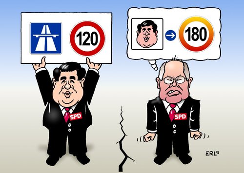 Cartoon: SPD Tempolimit (medium) by Erl tagged spd,vorsitzender,sigmar,gabriel,vorschlag,tempolimit,120,stundenkilometer,autobahn,kanzlerkandidat,peer,steinbrück,wut,180,kluft,riss,spd,vorsitzender,sigmar,gabriel,vorschlag,tempolimit,120,stundenkilometer,autobahn,kanzlerkandidat,peer,steinbrück,wut,180,kluft,riss